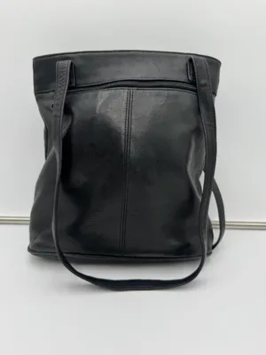 Mila Paoli Genuine Leather Black Tote Shoulder Bag Front Zip Pocket EUC thumbnail 2