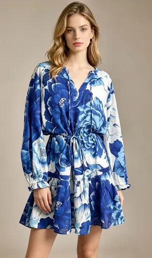 NWOT Cotton Blue Floral V Neck Mini Dress Size L thumbnail 1