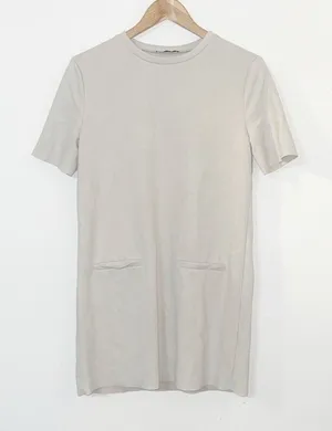 Zara neutral short sleeve faux pocket minimalist mini shift dress thumbnail 1