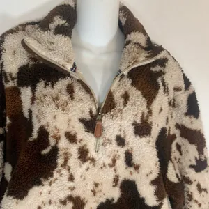 Brown Cow Print Sherpa Quarter Zip Pockets Ladies Sz XL Jacket thumbnail 3