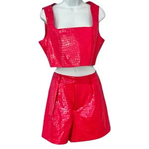 7 For All Mankind Hot Pink Vegan Leather Crocodile Crop Top Shorts Set M NEW Tag thumbnail 3