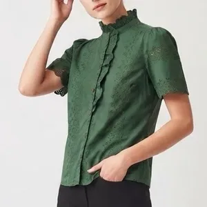 Sézane Louisah Green Organic Cotton Eyelet Ruffle Mock Neck Blouse Size 34 / 2 thumbnail 13