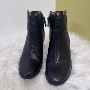 2010s Tory Burch Mae Ankle Boots Bootie Pebbled Leather Black Gold Studs 7.5M thumbnail 2
