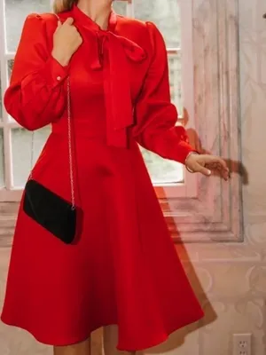 Ivy City Co. Pippa Long Sleeve Tie Bow Neck Knee Length Dress Satin Red XXS NEW thumbnail 2