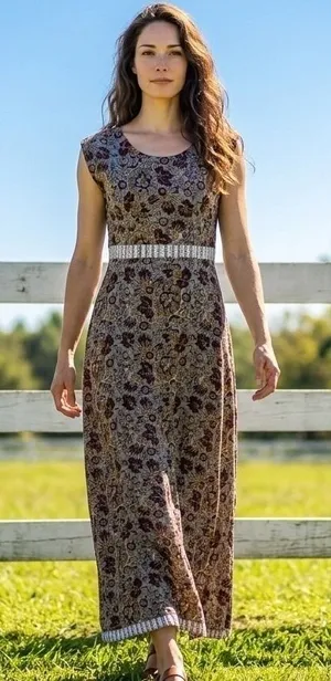 Boho Floral Block Print Maxi‎ Dress Sleeveless Earth Tones Size L Fairy Festival thumbnail 1