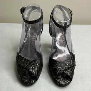 Franco Sarto Womens 6M Black Silver Metallic Embossed Ankle Strap Peep Toe Heels thumbnail 2