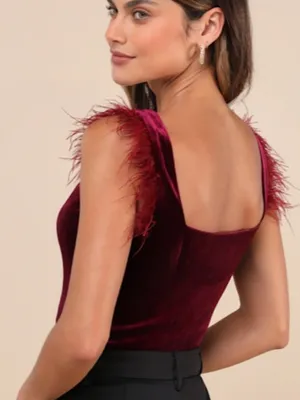 LULU's Sexy Flirty Feather Chic Holidays Red Velvet Night Out Bodysuit thumbnail 3
