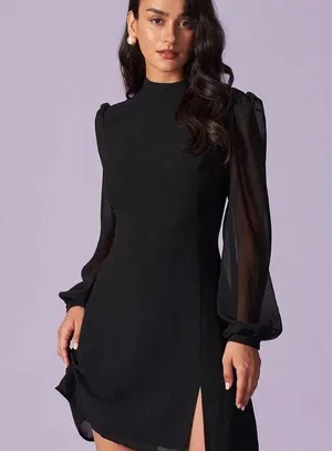 RIHOAS The Black Stand Collar Sheer Slit Mini Dress thumbnail 3