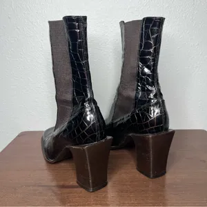 VTG Michael Perry Dark Brown Leather Crocodile Square Toe Block Heel Ankle Boots thumbnail 5