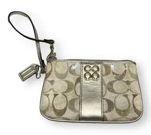 Coach Julia White Beige Silver Sequins‎ Monogram Zip Wristlet Wallet thumbnail 1