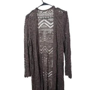 Brown Crochet Knit Long Sleeves Open Front Long Cardigan Womens Size‎ L thumbnail 2