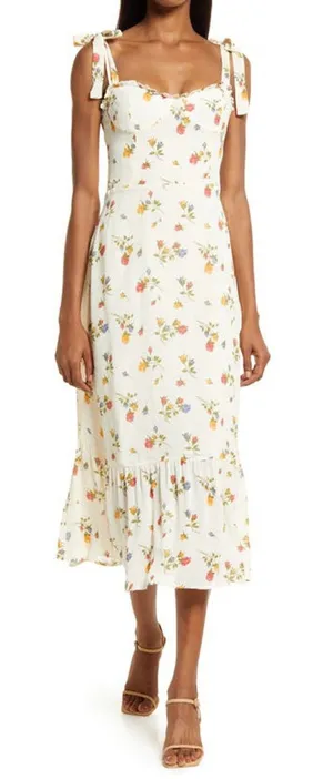 Reformation Midi Dress Women 12 Ivory Floral Nikita Tie Strap‎ Ruffle Summer thumbnail 1