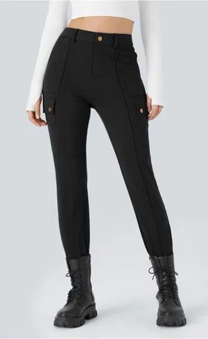HALARA Black Cargo Joggers with Gold Buttons thumbnail 1