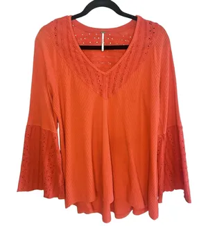 Free People Parisian Nights Tunic Top M Red Orange Lace Eyelet Boho Peasant Top‎ thumbnail 1