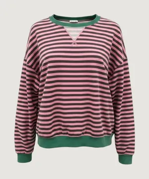 Unbranded Pink Grey Striped Sweatshirt Green Trim‎ French Terry Crewneck Large thumbnail 1