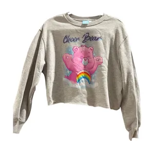 Care Bears Cheer Bear Gray Graphic Cropped Sweatshirt Fleece Pullover Medium thumbnail 1