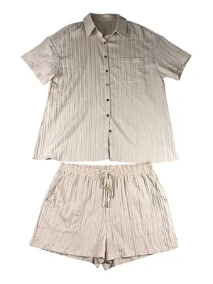 SheIn Women‎ 2 Pc Set 2XL Shorts and Button Up Shirt Relaxed Textured Vacation Resort thumbnail 1
