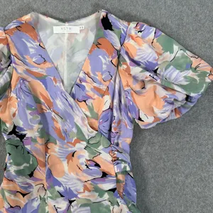 ASTR the Label Puff Sleeve Wrap Dress Women's X-Small V-Neck Purple Floral thumbnail 2