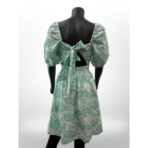 Shabby Chic XL Green Floral Cotton Midi Dress Puff Sleeve Open Back Bow Cottagec thumbnail 3