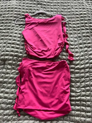 Amazon Stand out in this bright pink one-shoulder dress. Features ruched skirt detailing and floral accents for a feminine touch. Comfortable stretch fabric with an asymmetrical silhouette. Perfect for parties and evening occasions. thumbnail 2