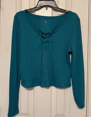 SO Teal Ribbed Lace-Up Long Sleeve Top thumbnail 1