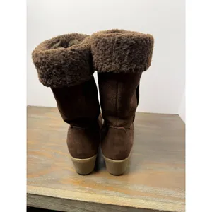 Lands' End Women's 8.5 Brown Suede Faux Fur Cuff Wedge Winter Boots thumbnail 8