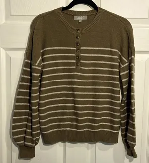 Marled Women's Striped Brown and Ivory Knit Sweater Size Large. thumbnail 1