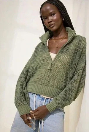 Aerie Olive Green Knitted Cropped Pullover thumbnail 1