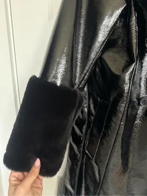 RARE H&M Black vinyl faux fur trim coat thumbnail 3