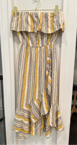 The Vanity Room Strapless Stripe High Low Midi Dress Size Medium Boho Ruffle Hem thumbnail 1