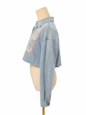 Theory Cropped Embroidered Lightweight Denim Shirt Light Wash Size Medium thumbnail 3