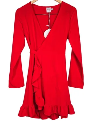 Princess Polly Agnetha‎ Mini Dress Red Long Sleeve Wrap Ruffle Flounce Women's 8 thumbnail 1