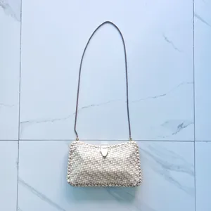 Cream clutch with strap woven chain White thumbnail 4