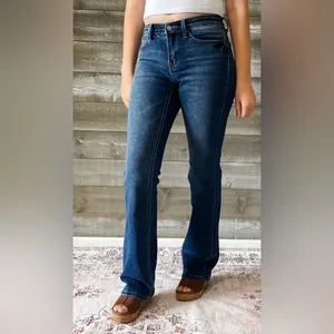vervet denim mid rise relaxed long bootcut jeans revere dark wash T6136 thumbnail 3