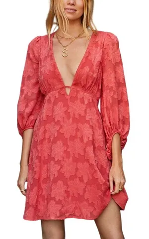 Anthropologie Plunge Mini Dress 16W Pink‎ Jacquard Floral Flirty Boho Feminine thumbnail 1