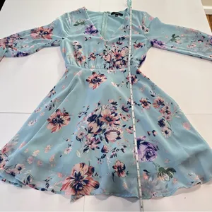 Lulus Always Yours Light Blue Floral Print Long Sleeve‎ Skater Dress SMALL thumbnail 10
