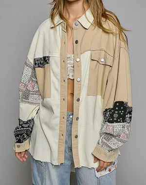 L POL Beige Cream Patchwork Long Sleeve Button Shirt Jacket thumbnail 1