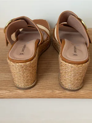 Wedge Slide Sandal in Tan and Cream with Buckle thumbnail 7