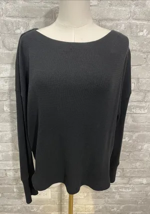 Anthropologie Akemi + Kin Black Waffle-Knit Boatneck Long Sleeve Top thumbnail 1