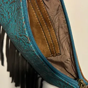 NWT: Justin Boots Brand Tooled Embossed Fringe Convertible Bag thumbnail 5