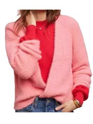 Sleeping On Snow By Anthropologie Pink Ribbed Fuzzy Open Cardigan S thumbnail 2