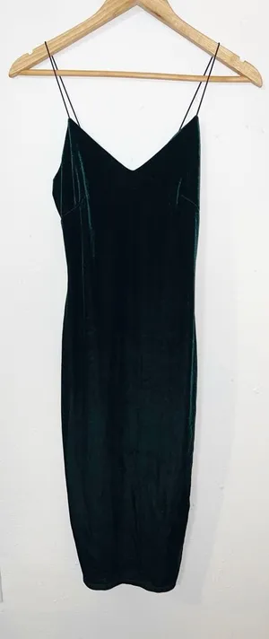 The Vintage Shop Velvet Spaghetti Strap Slip Dress in Deep Green thumbnail 1