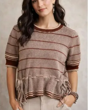 Ontwelfth puff sleeve striped short sleeve knit top M thumbnail 1