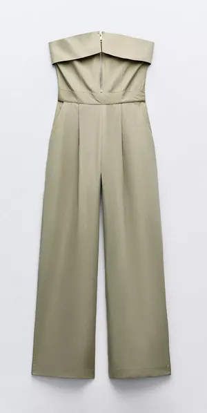 Zara NWT Strapless Zippered Jumpsuit| Size Medium| Light Khaki thumbnail 1