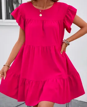 Solid Crew Neck Tiered Dress Pink thumbnail 4
