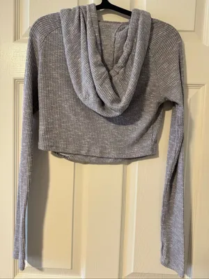 Gymshark Grey Marl Ribbed Knit Cropped Hoodie Women’s Medium Thumbholes thumbnail 4