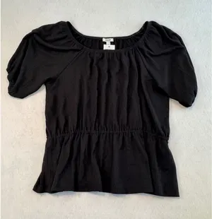 Nine West Womens XL Mineral Black Square Neck Puff Sleeve Smocked Peplum Top NEW thumbnail 1