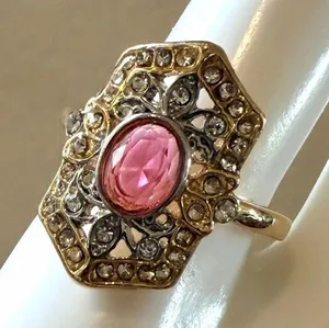 Art Deco Style pink rhinestone Cocktail Ring Gold thumbnail 1