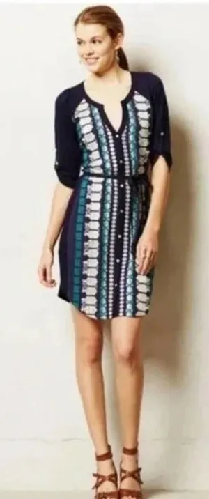 Anthropologie Tiny‎ Nadia Shirt Dress Button Embroidered Navy Blue Teal Size XS thumbnail 1