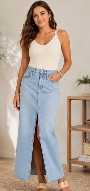 High-Rise Light Blue Denim Maxi Skirt with Front Slit, size XS western casual thumbnail 1